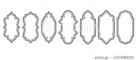 Ramadan frame shapes. Window Arabic arc outline elements. Door design with Turkish ornament. Muslim oriental sticker template. Traditional decoration set for banner and badge. 130396838