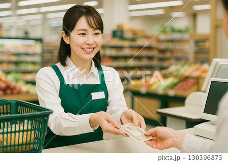 スーパーのレジ打ちをする女性 130396873