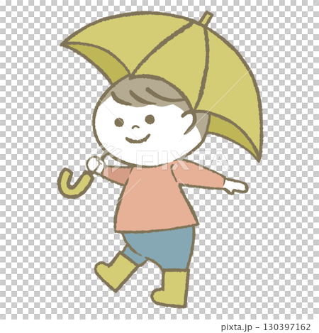 男孩拿著傘,穿著雨靴 男孩拿著傘,穿著雨靴 130397162