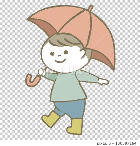 男孩拿著傘,穿著雨靴 男孩拿著傘,穿著雨靴 130397164