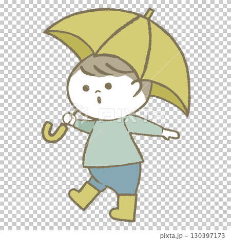 Boy holding an umbrella and wearing rain boots 130397173