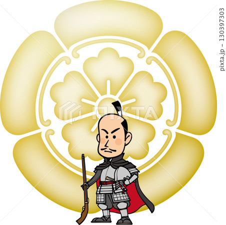 鉄砲を持って立つ武装した織田信長【3頭身・家紋】 130397303