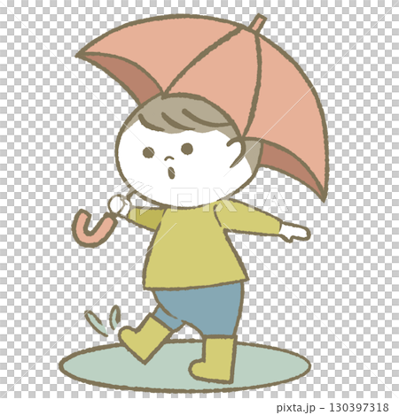 男孩拿著傘,穿著雨靴 男孩拿著傘,穿著雨靴 130397318