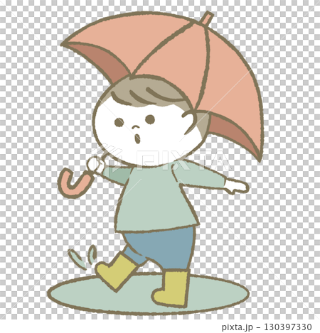 男孩拿著傘,穿著雨靴 男孩拿著傘,穿著雨靴 130397330