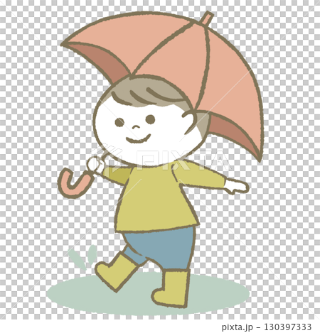 男孩拿著傘,穿著雨靴 男孩拿著傘,穿著雨靴 130397333