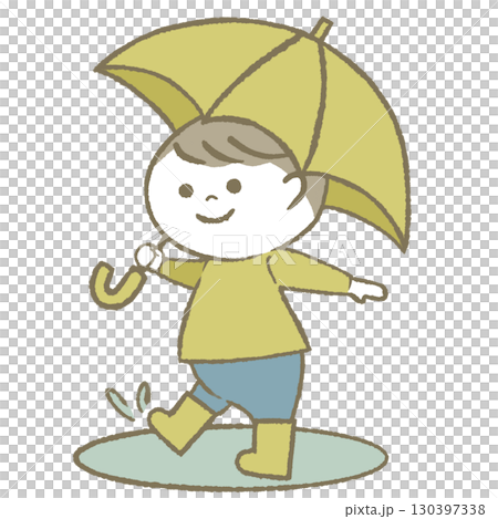 Boy holding an umbrella and wearing rain boots 130397338