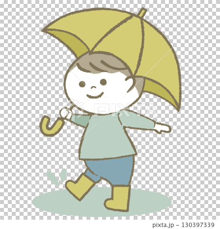 男孩拿著傘，穿著雨靴 130397339