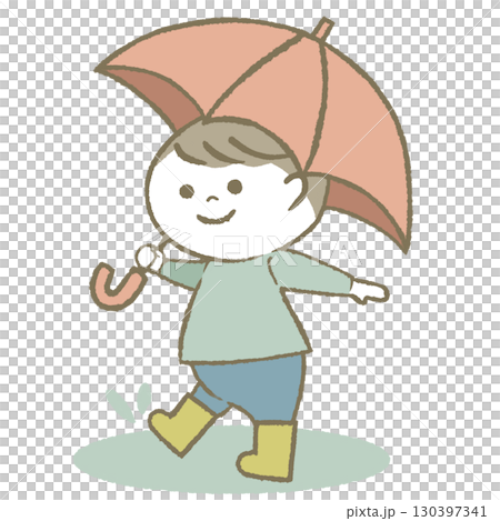 Boy holding an umbrella and wearing rain boots 130397341