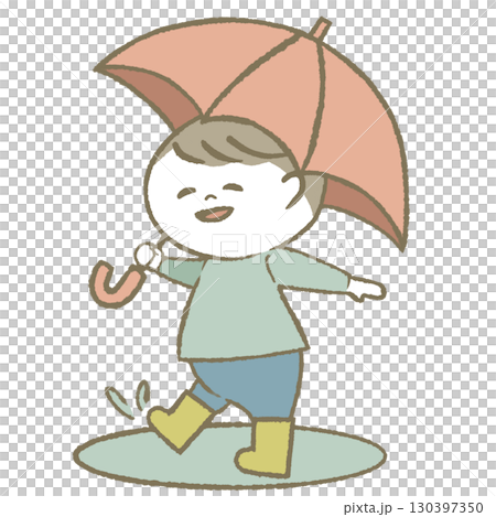 Boy holding an umbrella and wearing rain boots 130397350