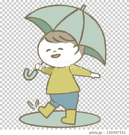 男孩拿著傘,穿著雨靴 男孩拿著傘,穿著雨靴 130397352