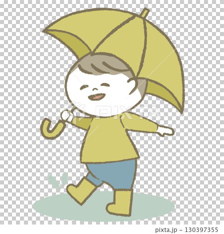 男孩拿著傘,穿著雨靴 男孩拿著傘,穿著雨靴 130397355