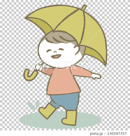 男孩拿著傘,穿著雨靴 男孩拿著傘,穿著雨靴 130397357