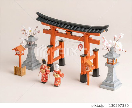 アイソメトリック　お正月　初詣　人物　男性　女性　日本　風景　イメージ 130397380