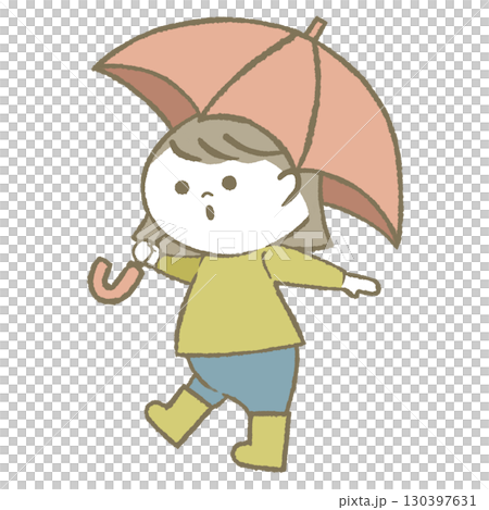 Child girl wearing rain boots holding an umbrella 130397631