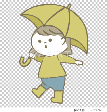 Child girl wearing rain boots holding an umbrella 130397632