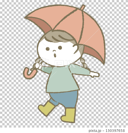Child girl wearing rain boots holding an umbrella 130397658