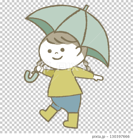 Child girl wearing rain boots holding an umbrella 130397666