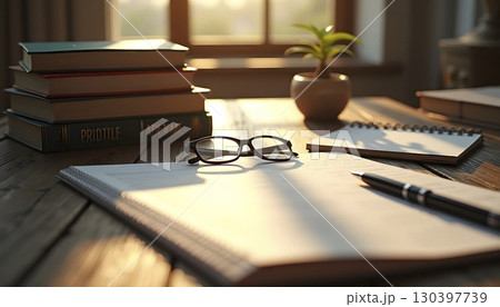 Study Desk With Books Notebook Glasses And Warm Sunlight 130397739