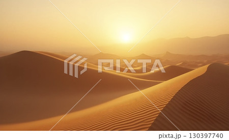 Golden Desert Sand Dunes With Dramatic Shadows And Horizon 130397740