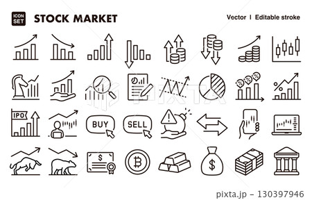 株式投資、ビジネスのアイコンイラストセット　EPS版は線の太さ等編集可能 130397946