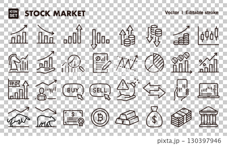 株式投資、ビジネスのアイコンイラストセット　EPS版は線の太さ等編集可能 130397946