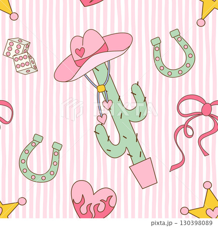 Cowgirl seamless pattern. Cowboy western theme, cactus, cowboy hat, flame heart, Dice and Sheriff star in girly style. Hand-drawn cartoon print on a stripy pink background. Vector illustration. Cowgirl seamless pattern. Cowboy western theme, cactus, cowboy hat, flame heart, Dice and Sheriff star in girly style. Hand-drawn cartoon print on a stripy pink background. Vector illustration. 130398089