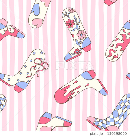Cowgirl Boots seamless pattern. Cowboy western theme, wild west. Hand-drawn cartoon trendy print on a stripy pink background. Flat style wallpaper, t-shirt, vintage retro cow girl tee. 130398090