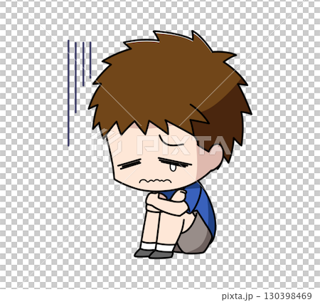 一個沮喪的男孩坐在地板上的插圖 一個沮喪的男孩坐在地板上的插圖 130398469