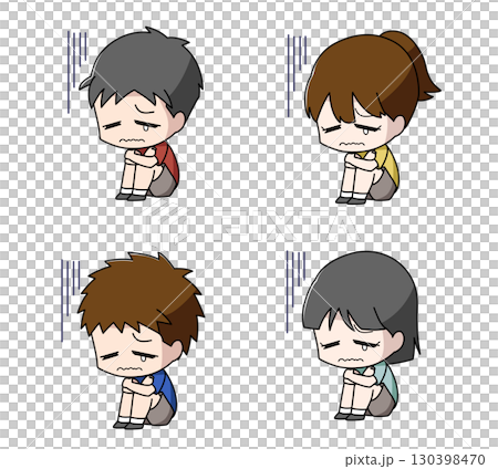 Set of 4 illustrations of depressed children sitting on the floor 130398470