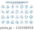 Eco and sustainability icons, such as green energy, recycling, environmental and more. Vector illustration isolated on white. Editable stroke. Change to any size and any color. 130398958