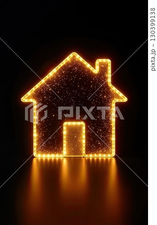 Transparent gold luminous symbol of house on black  background with golden glitter. Real estate, realtor, mortgage, insurance, booking, construction, insulation, heating. AI generated 130399138