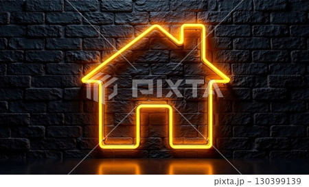 Transparent gold luminous symbol of house on black brick wall background with golden glitter. Real estate, realtor, mortgage, insurance, booking, construction, insulation, heating. AI generated 130399139