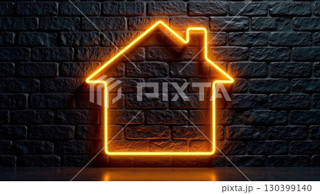 Transparent gold luminous symbol of house on black brick wall background with golden glitter. Real estate, realtor, mortgage, insurance, booking, construction, insulation, heating. AI generated 130399140