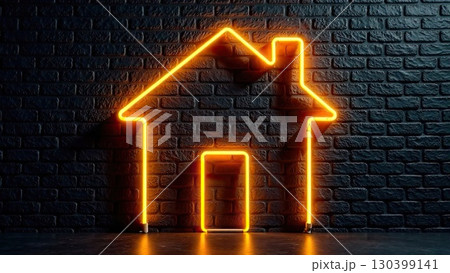 Transparent gold luminous symbol of house on black brick wall background with golden glitter. Real estate, realtor, mortgage, insurance, booking, construction, insulation, heating. AI generated 130399141