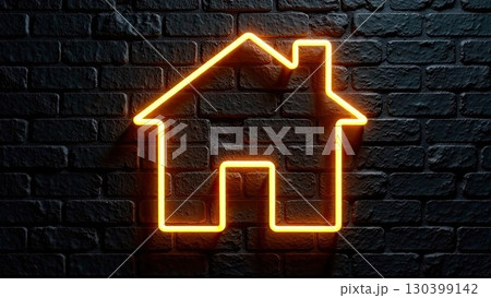Transparent gold luminous symbol of house on black brick wall background with golden glitter. Real estate, realtor, mortgage, insurance, booking, construction, insulation, heating. AI generated 130399142