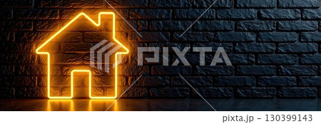 Transparent gold luminous symbol of house on black brick wall background with golden glitter. Real estate, realtor, mortgage, insurance, booking, construction, insulation, heating. AI generated 130399143