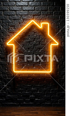 Transparent gold luminous symbol of house on black brick wall background with golden glitter. Real estate, realtor, mortgage, insurance, booking, construction, insulation, heating. AI generated 130399150
