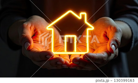 Gold luminous symbol of cozy house In palms of hands with golden glitter. Real estate, realtor, mortgage, insurance, booking, insulation, dream of your own home. AI generated 130399163