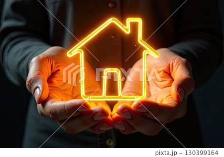 Gold luminous symbol of cozy house In palms of hands with golden glitter. Real estate, realtor, mortgage, insurance, booking, insulation, dream of your own home. AI generated 130399164