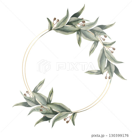Eucalyptus twigs watercolor wreath on golden round frame. Hand drawn elegant foliage frame template with tropical herbs clipart for wedding card,poster, invitation design. Vintage floral bouquet Eucalyptus twigs watercolor wreath on golden round frame. Hand drawn elegant foliage frame template with tropical herbs clipart for wedding card,poster, invitation design. Vintage floral bouquet 130399176
