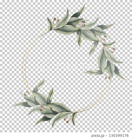 Eucalyptus twigs watercolor wreath on golden round frame. Hand drawn elegant foliage frame template with tropical herbs clipart for wedding card,poster, invitation design. Vintage floral bouquet Eucalyptus twigs watercolor wreath on golden round frame. Hand drawn elegant foliage frame template with tropical herbs clipart for wedding card,poster, invitation design. Vintage floral bouquet 130399176