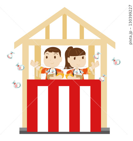 上棟式で餅まきをする若い男性と女性のイラスト 130399227