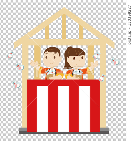 上棟式で餅まきをする若い男性と女性のイラスト 130399227