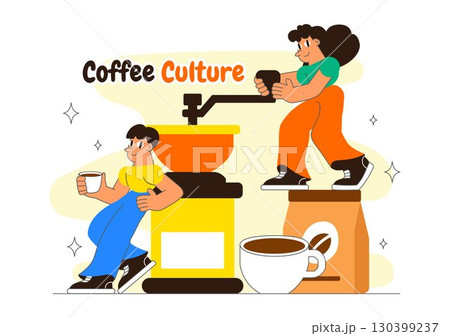 Coffee Shop Culture Vector Illustration featuring a Visit to Coffee Shops with Beverages, Social Experience, and Relaxing Atmosphere in a Background Coffee Shop Culture Vector Illustration featuring a Visit to Coffee Shops with Beverages, Social Experience, and Relaxing Atmosphere in a Background 130399237