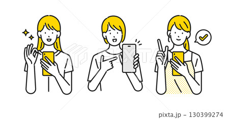 イラスト素材: スマホを見て喜ぶ若い女性 表情セット 130399274