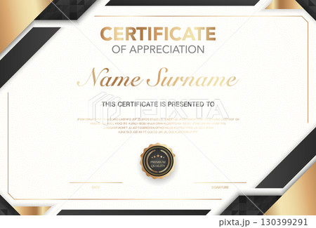 Modern certificate of appreciation template with elegant gold and black design, premium quality badge, customizable name and signature area, perfect for awards, achievement or recognition. 130399291