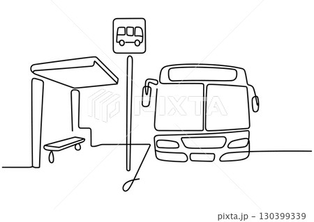 Continuous Line Drawing of a Bus at a Bus Stop 130399339