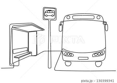 Continuous Line Drawing of a Bus at a Bus Stop 130399341
