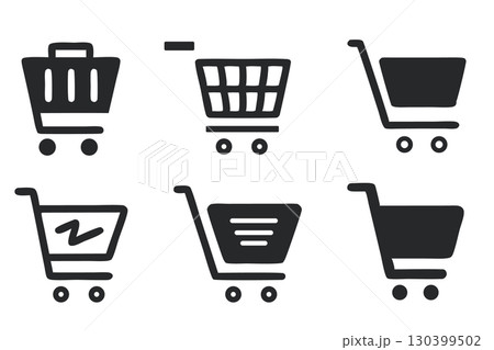 A Set of Black-and-White Vector Icons of Shopping Carts and Baskets 130399502