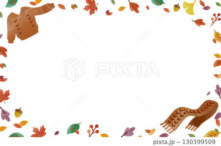セーターとマフラーの秋の葉っぱフレーム 130399509